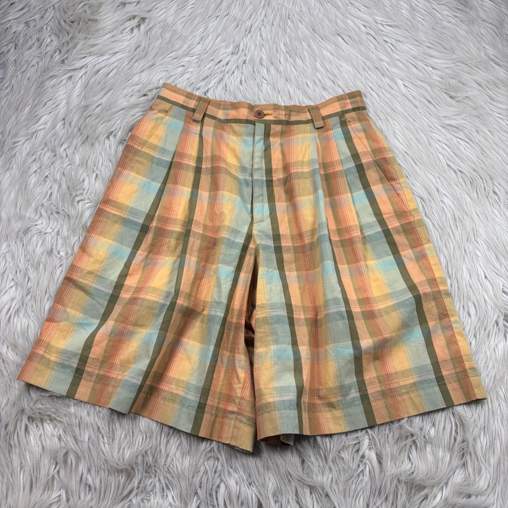 Vintage Liz Sport Women's 6 Orange Green Plaid Pleated High Rise Cotton Shorts